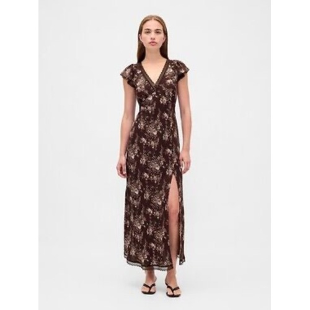 Gap Brown Floral Flutter Sleeve Lace Trim Maxi Dress NWT Size M